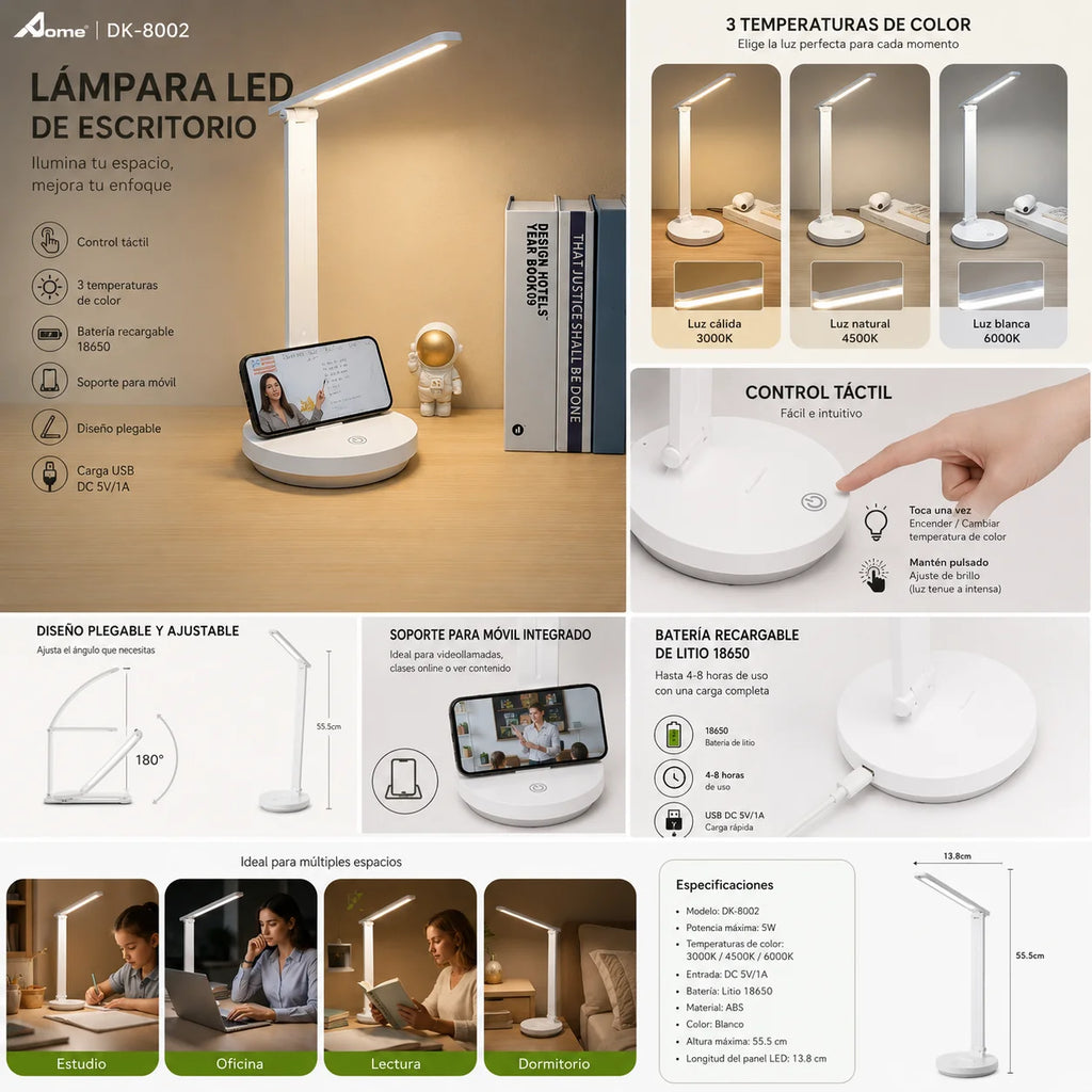 Lámpara LED Escritorio con Cargador Inalámbrico - 3 Modos de Luz