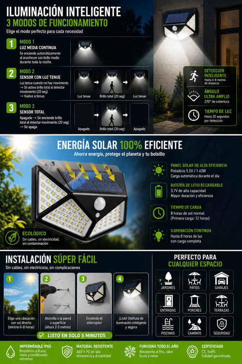 Foco Solar LED 100 LEDs con Sensor de Movimiento - Impermeable IP65