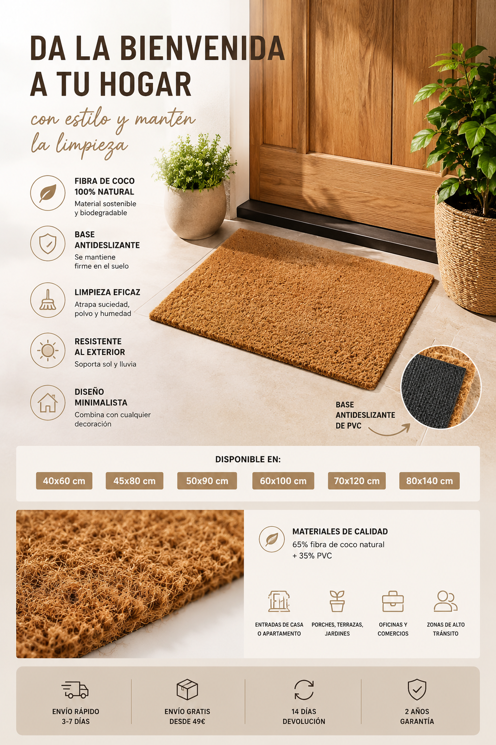 Felpudo de Fibra de Coco Natural - Antideslizante para Entrada